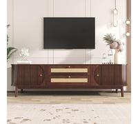 boorbin Mobile TV in legno naturale con ante e cassetti, supporto per TV con lati in rattan, soluzione di conservazione, stile rustico naturale (colore legno+giallo chiaro)