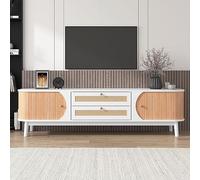 boorbin Mobile TV in legno naturale con ante e cassetti, supporto per TV con lati in rattan, soluzione di conservazione, stile rustico naturale (colore bianco+legno)