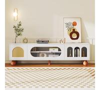 boorbin Mobiletto per TV con porta simile al rattan, porta scorrevole in vetro, tre aree aperte ad arco, lowboard con manici dorati e piedini in legno massiccio (170 x 47 x 37 cm)