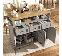 boorbin Moderna isola della cucina (118 × 43 - 80 × 98 cm) Armadietto da cucina con venature del legno, carrello da pranzo con ruote, con vano portaoggetti multifunzionale, divisori rimovibili, con