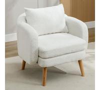 boorbin Moderna, semplice poltrona in velluto Teddy, con cuscino, extra spesso, divano singolo, imbottito, per il tempo libero, gambe in legno massiccio (bianco)