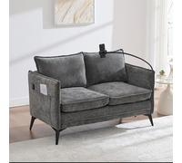 boorbin Moderno divano doppio piccolo divano in tessuto poltrona con tasca laterale + supporto regolabile per cellulare adatto per soggiorno/camera da letto/balcone (grigio)