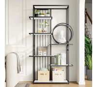 boorbin Scaffalatura in metallo stile moderno, tubo in acciaio solido, struttura geometrica, design a più livelli, decorazione rotonda, adatta per interni, bianco + nero (100 x 30 x 180 cm)