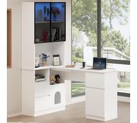 boorbin Scrivania angolare con ripiano e vetrina a LED - scrivania con gestione dei cavi, scrivania angolare con libreria integrata (Bianco - Sinistra, 120×80×180 cm)