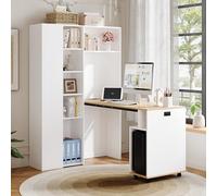 boorbin Scrivania pieghevole con ripiani, libreria 2 in 1 e tavolo, pieghevole, con presa e porta USB, ripiani regolabili in altezza, protezione antiribaltamento, scrivania angolare bianca (sinistra)