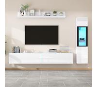 boorbin Set da parete per TV, 3 pezzi, illuminazione a LED, bianco lucido, set di mobili da soggiorno, parete frontale bianca, 1 armadio TV, 1 vetrina per soggiorno, 1 mensola sospesa (bianco)