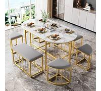 boorbin Set da pranzo (set con tavolo da pranzo, 4 piccoli sgabelli e 2 grandi sgabelli), tavolo da pranzo da cucina, telaio in acciaio, set da pranzo moderno, 140 x 70 x 76 cm, portata 120 kg (oro)