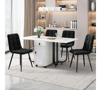 boorbin Set da pranzo (set da 150 x 80 x 76 cm, tavolo da pranzo con 4 sedie), tavolo da cucina pieghevole, in lino, sedia imbottita con schienale (nero+bianco+nero)
