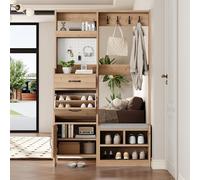 boorbin Set di appendiabiti da parete, appendiabiti da corridoio, con scarpiera, set con 4 ganci appendiabiti, 1 cassetto e 2 ante, larghezza 108,5 x profondità 35 x altezza 180 cm (naturale)