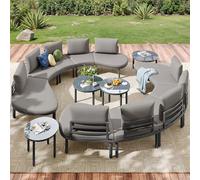 boorbin Set di mobili da giardino (10 posti), 4 tavolini in vetro temperato, telaio in ferro zincato, comodi mobili da giardino con cuscini e cuscini grigi, gambe regolabili, elegante divano rotondo