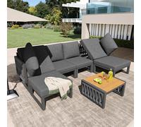 boorbin Set di mobili da giardino con cuscino per seduta e schienale di alta qualità, per 6 persone, doppio lettino per esterni, angolo dello schienale regolabile (grigio)