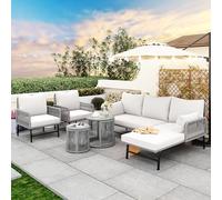 boorbin Set di mobili da giardino con struttura in ferro e corda grigia, mobili da giardino in corda intrecciata per esterni, 2 poltrone, 2 divani a 2 posti e 2 tavoli (tutti i cuscini inclusi)