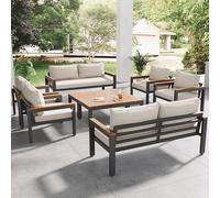 boorbin Set di mobili da giardino con telaio in acciaio zincato (set largo, set da 8 pezzi, 2 divani a 2 posti, 4 sedie singole, 2 tavoli), piano in legno di acacia e braccioli, beige