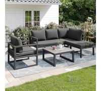 boorbin Set di mobili da giardino, divano ad angolo con struttura in ferro zincato, gambe regolabili, con tutti i cuscini per seduta e schienale, colore: grigio