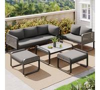 boorbin Set di mobili da giardino in rattan per 6-7 persone, divano ad angolo con struttura in ferro zincato, gambe regolabili, inclusi tutti i cuscini per seduta e schienale (grigio)