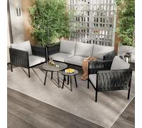 boorbin Set di sedie da giardino con comodo cuscino, divano a 3 posti, 2 poltrone e 2 tavolini, spessa corda intrecciata, piano in vetro marmorizzato, acciaio zincato (grigio)
