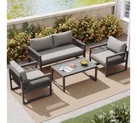 boorbin Set lounge da giardino con telaio in ferro zincato, set di mobili da giardino in corda color cachi con cuscino, piedini regolabili, piano in vetro liscio, tutti i cuscini inclusi (grigio)
