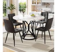 boorbin Set tavolo da pranzo (5 pezzi), tavolo da pranzo con 4 sedie, tavolo da cucina, tavolo da pranzo rotondo con diametro di 100 cm, piano in MDF bianco, sedia da pranzo in velluto grigio (bianco+