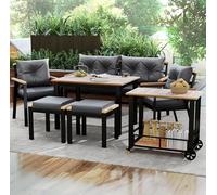 boorbin Set tavolo da pranzo e sedia in legno di acacia, mobili da giardino, 6-7 posti, set da pranzo e sedia con poltrone e carrello da pranzo rimovibile, rivestimento in tessuto rimovibile e