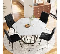 boorbin Set tavolo da pranzo e sedia (set da 5 pezzi), moderno tavolo da pranzo esagonale in marmo + 4 sedie da pranzo in velluto verde per creare un ristorante caldo e moderno (nero)