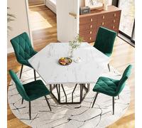 boorbin Set tavolo da pranzo e sedia (set da 5 pezzi), moderno tavolo da pranzo esagonale in marmo + 4 sedie da pranzo in velluto verde per creare un ristorante caldo e moderno (verde)