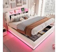 boorbin Smart Letto imbottito 180 x 200 cm con illuminazione a LED, vano porta USB e idraulico, rivestimento in velluto morbido e struttura in metallo (beige)