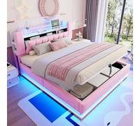 boorbin Smart Letto imbottito 180 x 200 cm con illuminazione a LED, vano porta USB e idraulico, rivestimento in velluto morbido e struttura in metallo (rosa)