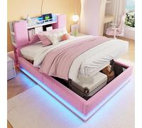 boorbin Smart Letto imbottito per bambini, 90 x 200 cm, con illuminazione a LED, porta USB e vano portaoggetti idraulico, rivestimento in velluto morbido, telaio in metallo (rosa)