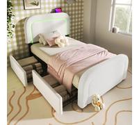 boorbin Struttura letto con funzione di ricarica USB tipo C, illuminazione a LED e 2 cassetti, letto singolo, testiera regolabile in altezza, rete a doghe in legno, bianco Sherp, senza materasso (90 x