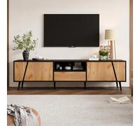 boorbin Tavola bassa, 180 x 40 x 46 cm, mobile TV con cassetti e 2 armadi, moderna console per TV minimalista, con 6 gambe di supporto in legno massello (nero + naturale)