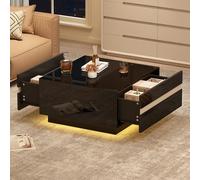 boorbin Tavolino da tè quadrato, 70 x 70 x 36 cm, con LED, lucido, con 2 cassetti, tavolino da soggiorno, tavolino in vetro temperato, tavolino con design geometrico