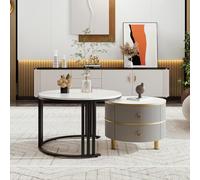 boorbin Tavolino rotondo in MDF 2 in 1, tavolino con piano lucido e 1 piano in marmo bianco, tavolo da salotto con 2 cassetti, 70 x 70 x 46 + 50 x 50 x 40 cm (nero+grigio)