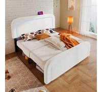 boorbin Telaio del letto con funzione di ricarica USB tipo C, illuminazione a LED, letto singolo, testiera regolabile in altezza, rete a doghe in legno, bianco Sherp, senza materasso (140 x 200 cm)