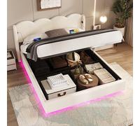 boorbin Telaio del letto imbottito, a forma di onda, piatto, adatto per letto matrimoniale, con luce LED, interfaccia USB+C, ricarica e grande spazio di archiviazione, tessuto di velluto (beige)