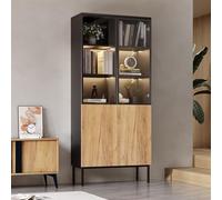 boorbin Vetrina con ante in vetro, armadio alto 180 cm, con luci a LED, libreria, vetrina in vetro a 5 piani per oggetti da collezione, libreria, ufficio, nero/rovere
