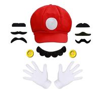BOOSHMall Mario Luigi Cappello, Cappello Carnevale, Costume con Baffi, Guanti, Bottoni, per Costume Carnevale Halloween Cosplay Bambino Uomo Donna, Rosso