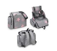 Booster Bag Stars, Seggiolone da Viaggio Portatile, Morbido e Imbottito, Portatile, Convertibile in Zaino 2 in 1, Unisex, Grigio/Rosa