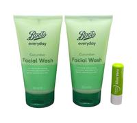 Boots Cetriolo, detergente per il viso, vegano, per tutti i tipi di pelle, deterge e rinfresca, confezione da 150 ml, con balsamo per le labbra all'aloe vera in omaggio