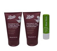Boots Crema nutriente per piedi con olio di cocco e burro di karitè, per piedi lisci e morbidi, confezione da 150 ml, con balsamo per le labbra all'aloe vera in omaggio