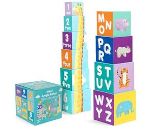 boppi Blocchi impilabili per bambini, Animali del safari nella giungla Blocchi con lettere e numeri, Cubi Montessori per i più piccoli, Giocattoli di apprendimento prescolare