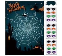 BORAMDO Pin The Spider on The Web Gioco per feste di Halloween per bambini Poster Web con 24 pezzi Adesivi ragno e una benda per Ha