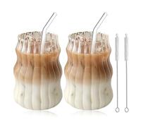BORDEAG 2 bicchieri da acqua ondulati, tazze da caffè, tazze da caffè caffè espresso bicchieri da bere con 2 cannucce, 2 spazzole per paglia, per caffè tè cappucccino al latte birra espresso, 530 ml