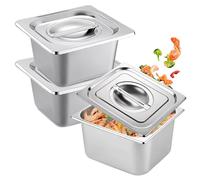 BORDEAG 3 Pezzi Vassoio in Acciaio Inox con Coperchio, Contenitori per Alimenti Inox, Ciotole per Impanare Inox,Vassoio Acciaio Inox, Contenitore Gastronorm (GN 1/6-17,5×16,5×10 cm)