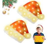 BORDEAG Cappello di Natale a LED, 2 pezzi, con LED, in peluche, cappello di Babbo Natale, colore rosso, unisex, per Capodanno, festa di Natale (bianco caldo)