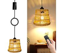 BORDEAG Lampada a Sospensione in Rattan, Lampada a Sospensione Con Telecomando, Lampada a Sospensione Portatile Rattan Boemia, Lampadario Boemia Esterna a Batteria per Patio Bar Giardino - Senza
