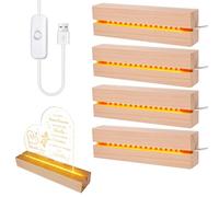 BORDEAG LED Luci Display Base, 4 Pezzi Base Luce Led Legno con USB, Base Rettangolare con Led per Lastra in Acrilico, Lastra in Cristallo, Lunghezza 15 cm, Bianco Caldo