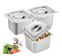 BORDEAG Set di 3 contenitori GN 1/6 in acciaio inox con coperchio, altezza 10 cm, contenitore gastronomico per la conservazione degli alimenti, vapore o come uso nel chafing dish
