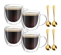 BORDEAG Set di 4 bicchieri da latte macchiato, tazze da caffè, a doppia parete, con manico, con 4 cucchiai, per cappuccino, latte, tè, latte, birra, 250 ml