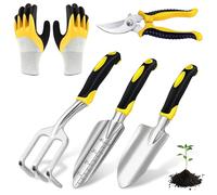 Bordeag Set di attrezzi da giardino da 5 pezzi, in acciaio inox, attrezzi da giardino, attrezzi da giardino con mestolo, cesoie da giardino, rastrello, guanti da giardino, accessori da giardino