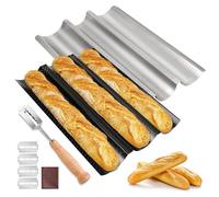 BORDEAG Teglia per Baguette, Set Di 2 Stampo per Pane Francese con Coltello da Fornaio, Piastra per Pane Traforata con Rivestimento Antiaderente, Stampo per Baguette a 3 Griglie